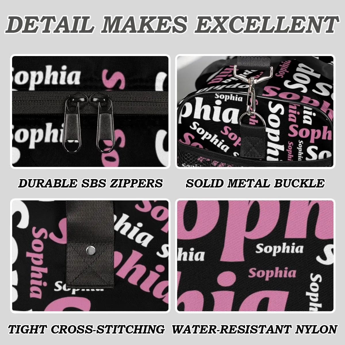 TropicalLife Personalized Duffel Bag Custom Name Sport Gym Bag Duffle Dance Bag Weekender Bags for Women Black Pinks White