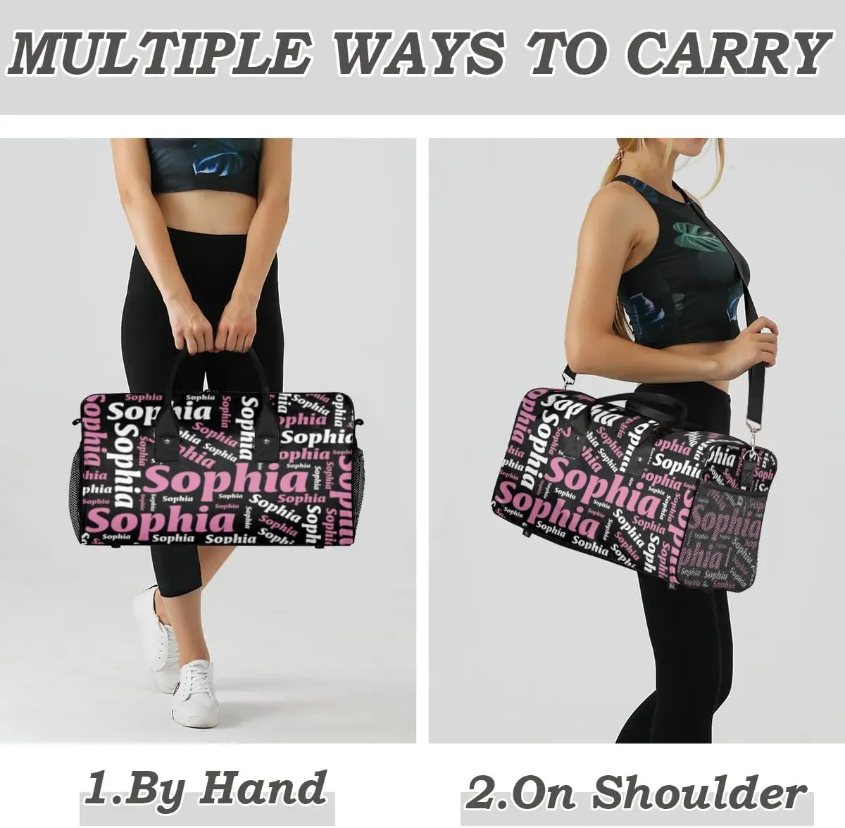 TropicalLife Personalized Duffel Bag Custom Name Sport Gym Bag Duffle Dance Bag Weekender Bags for Women Black Pinks White