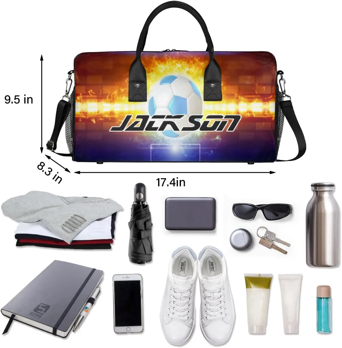 TropicalLife Personalized Soccer Football Fires Duffel Bag Custom Name Gym Bags Carry On Travel Bag Weekender Overnight Bag for Women Men,