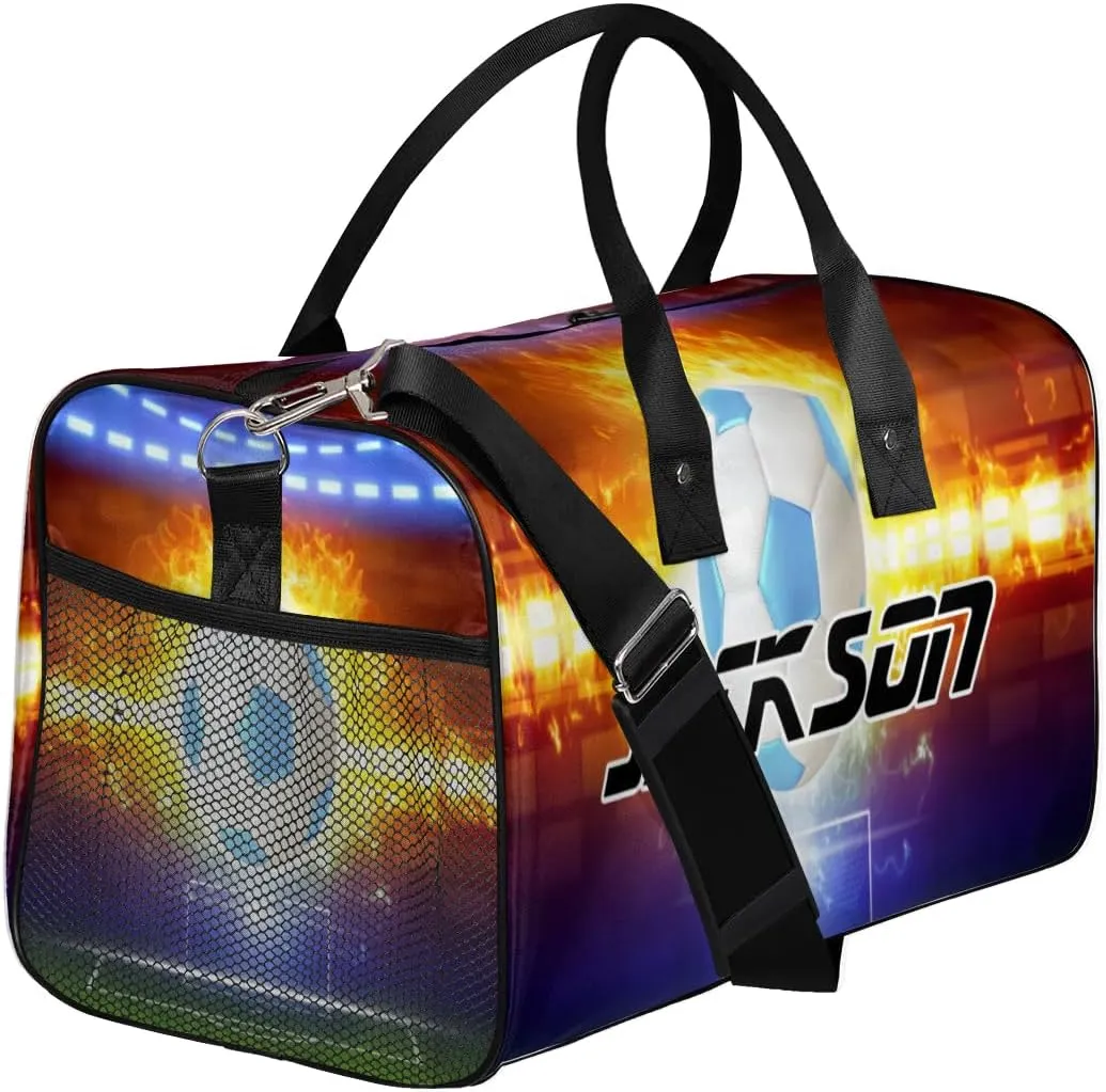 TropicalLife Personalized Soccer Football Fires Duffel Bag Custom Name Gym Bags Carry On Travel Bag Weekender Overnight Bag for Women Men,