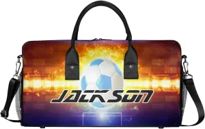 TropicalLife Personalized Soccer Football Fires Duffel Bag Custom Name Gym Bags Carry On Travel Bag Weekender Overnight Bag for Women Men,
