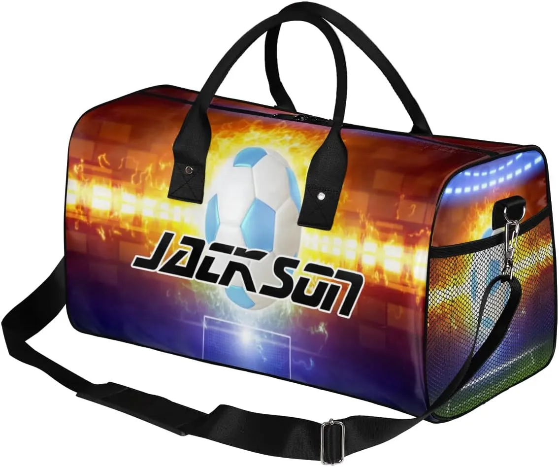 TropicalLife Personalized Soccer Football Fires Duffel Bag Custom Name Gym Bags Carry On Travel Bag Weekender Overnight Bag for Women Men,