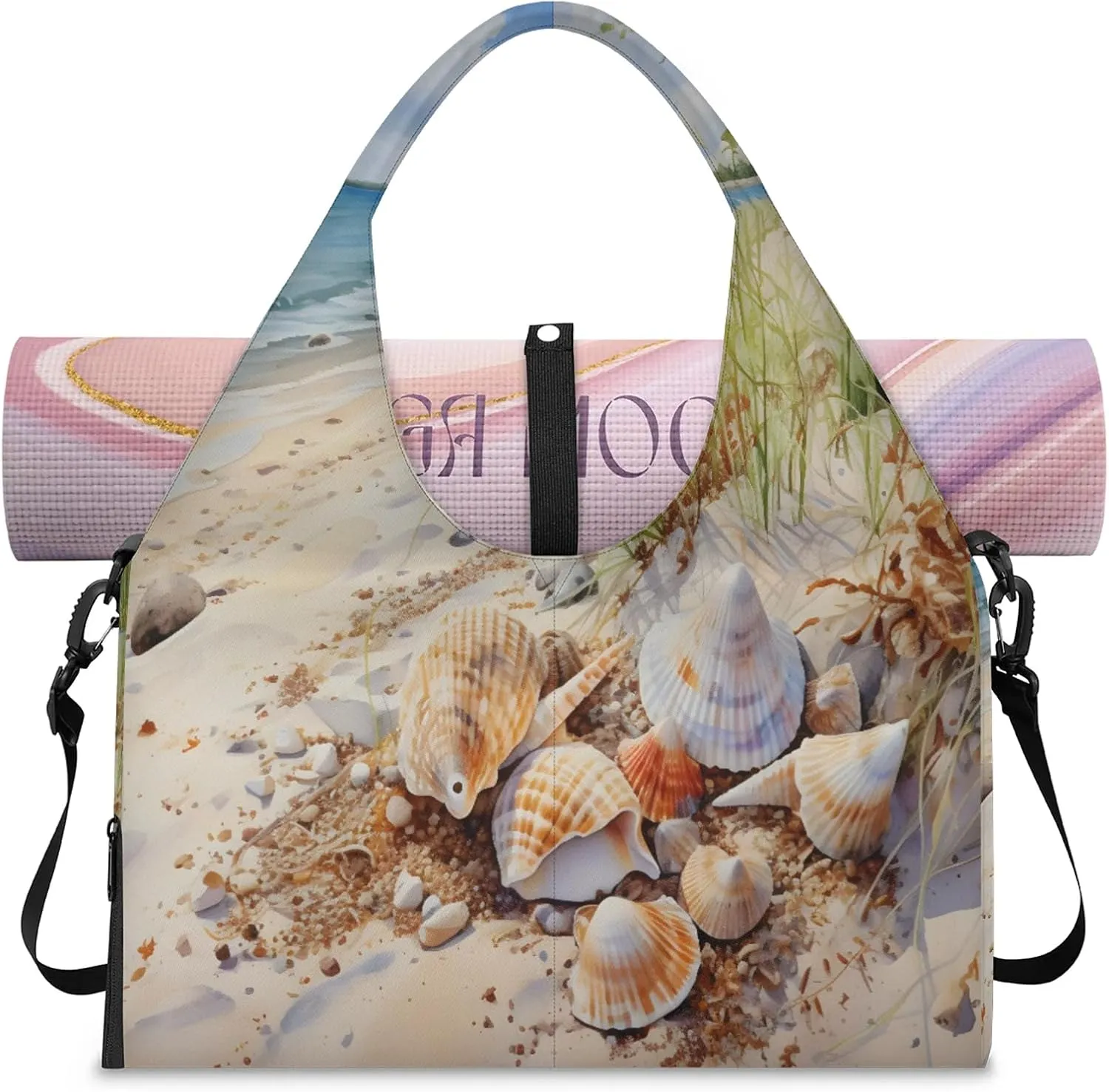 TropicalLife Sandy Beach Shell Gym Bags for Women with Yoga Mat Holder, Yoga Tote Bag Travel Duffle Bag Workout Weekender Carry on Overnight Bags