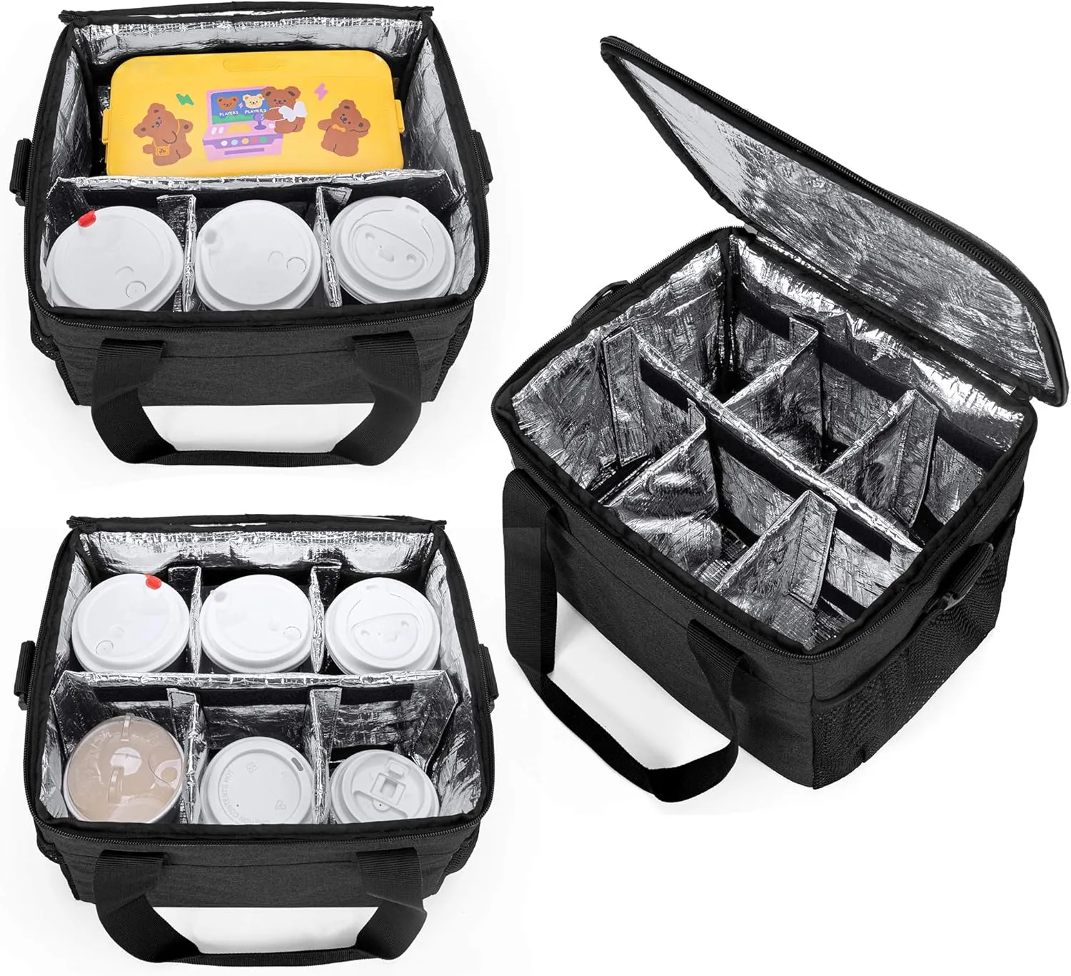 Trunab Reusable 6 Cups Drink Carrier for Delivery Insulated Drink Caddy with Handle and Shoulder Strap, Adjustable Dividers, Beverages Carrier Tote Bag, for Daily Life Takeout, Outdoors, Travel