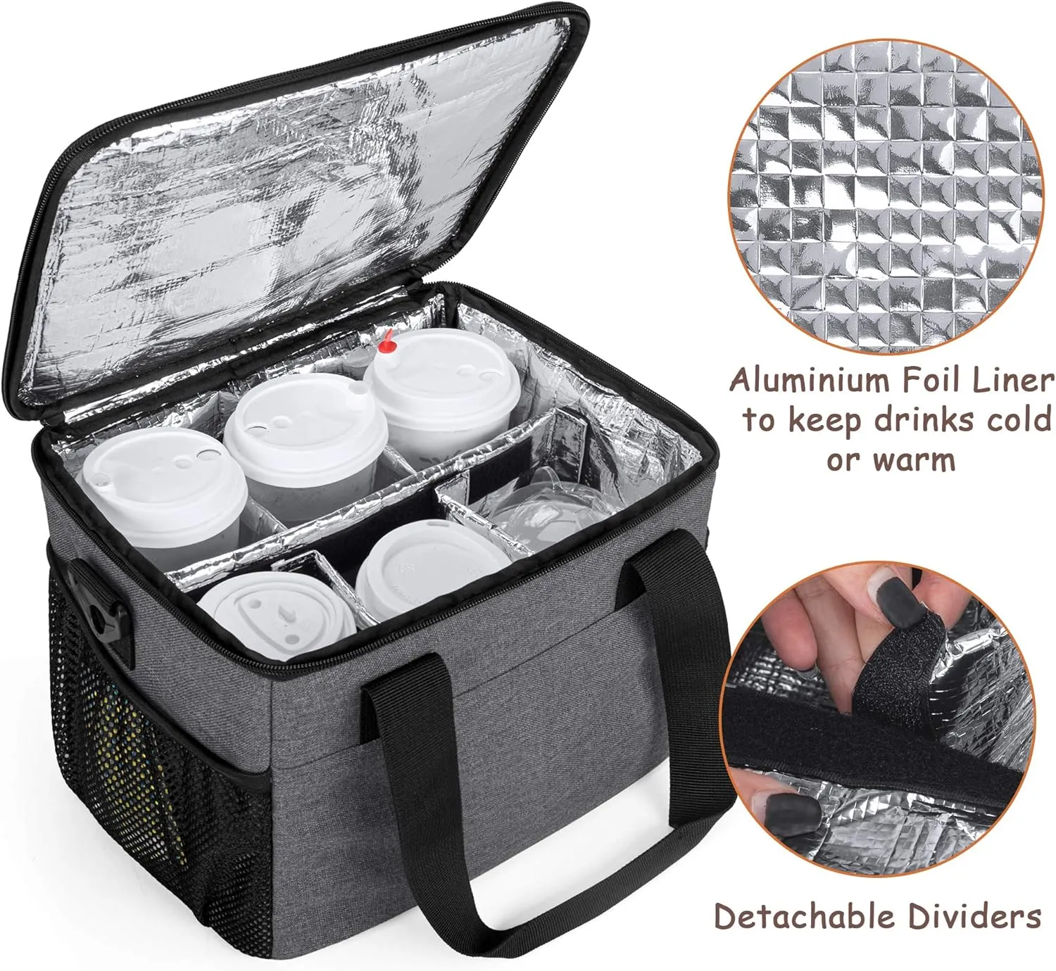 Trunab Reusable 6 Cups Drink Carrier for Delivery Insulated Drink Caddy with Handle and Shoulder Strap, Adjustable Dividers, Beverages Carrier Tote Bag, for Daily Life Takeout, Outdoors, Travel