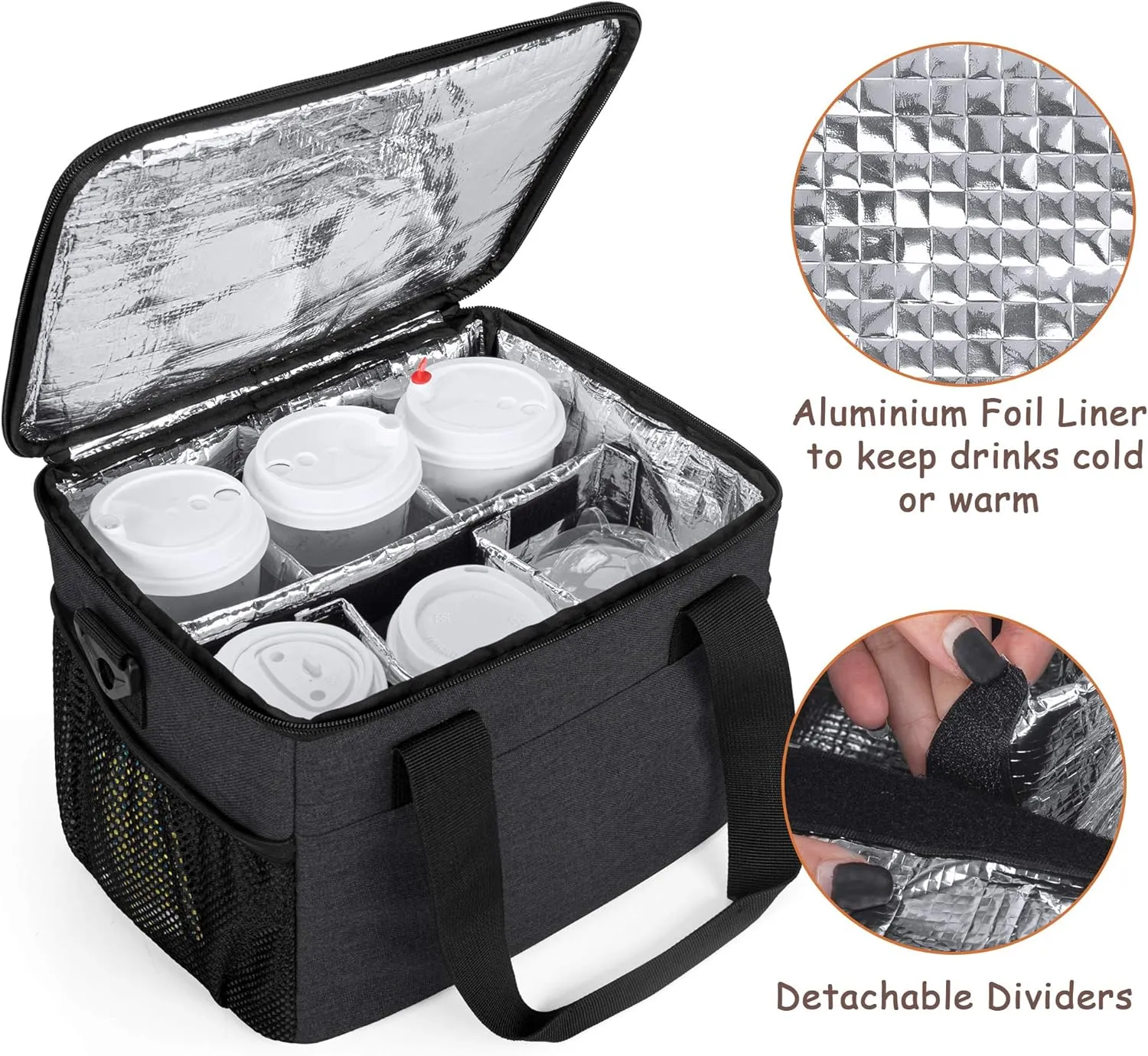 Trunab Reusable 6 Cups Drink Carrier for Delivery Insulated Drink Caddy with Handle and Shoulder Strap, Adjustable Dividers, Beverages Carrier Tote Bag, for Daily Life Takeout, Outdoors, Travel