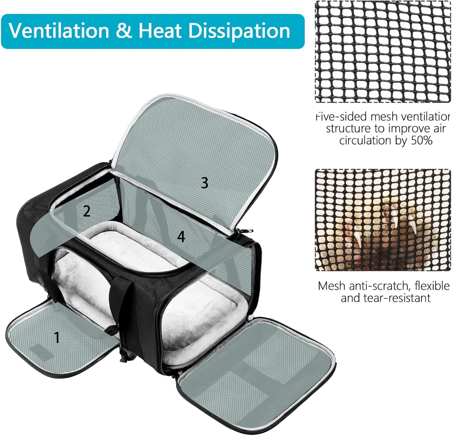 TSA Approved Pet Carrier for Small Medium Cats and Dogs | Dog Carrier with Adequate Ventilation | 4 Mesh Windows, 3 Entrance, Locking Safety Zippers, Padded Shoulder Strap, Black