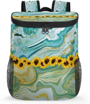 Turquoise Marble Sunflower Cooler Backpack Insulated Waterproof Back Pack Cooler Lightweight Portable Leak Proof Turquoise Yellow Backpack Cooler for Women Men Picnic Work Lunch Camping Beach
