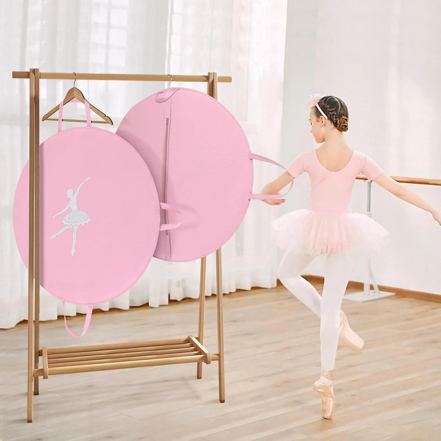Tutu Garment Bag for Kids, 35" Tutu Bag for Hanging Clothes, Pancake Dance Bag for Dance Costume, Round Ballet Bag with 3 Handles for Children Girls, Pink