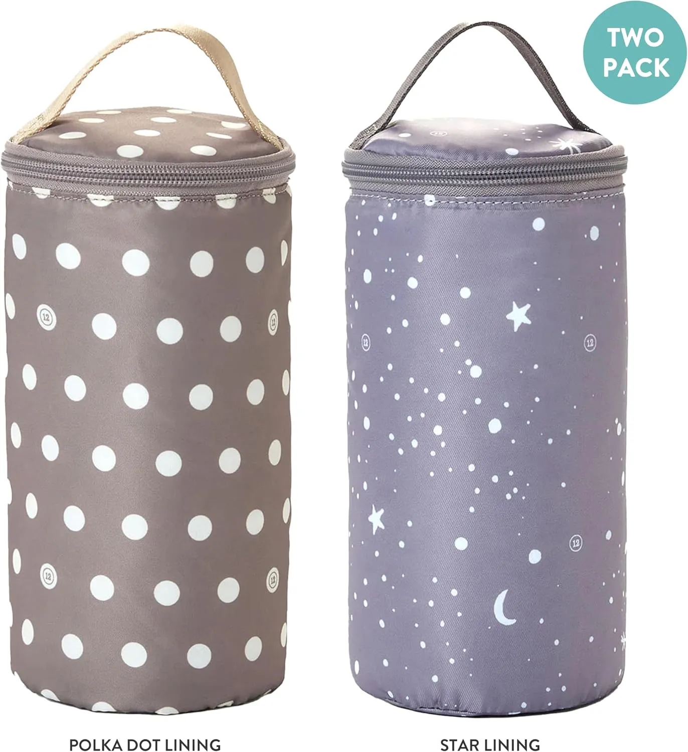 TWELVElittle Insulated Bottle Pouch, Portable Baby Bottle Practical Cooler Bag, Portable Travel Bottle Warmer for On-The-Go Convenience, Breastmilk Storage Bag, 2-Pack, Star & Polka Dot, AC131ST PD