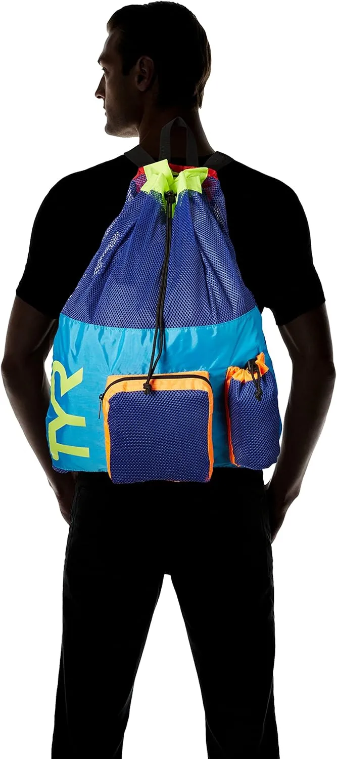 TYR Big Mesh Mummy Backpack for Wet Swimming, Gym, and Workout Gear, Blue/Yellow