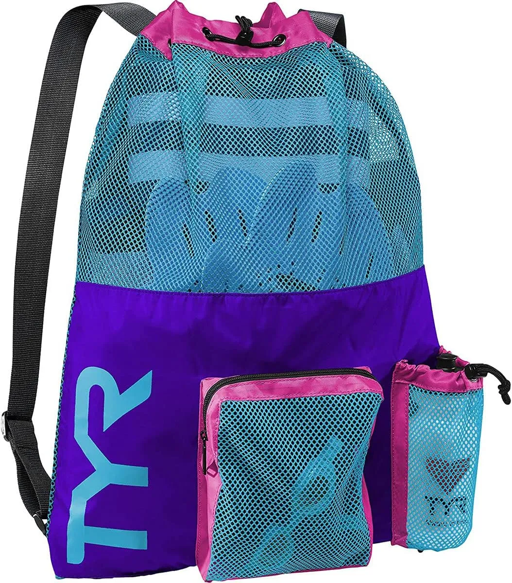TYR Big Mesh Mummy Backpack for Wet Swimming, Gym, and Workout Gear, Blue/Yellow