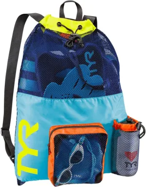TYR Big Mesh Mummy Backpack for Wet Swimming, Gym, and Workout Gear, Blue/Yellow