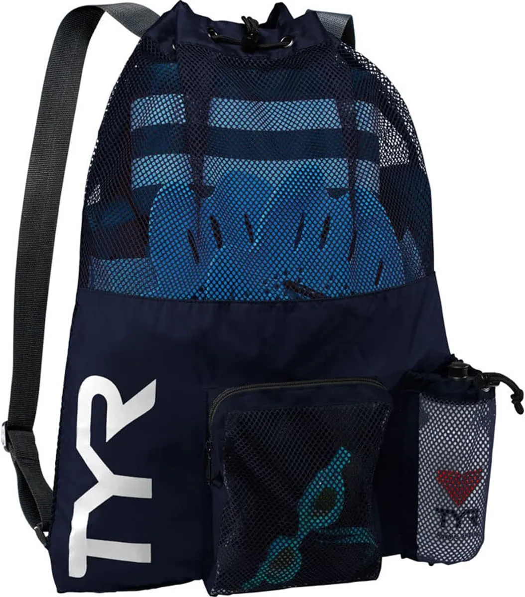 TYR Big Mesh Mummy Backpack for Wet Swimming, Gym, and Workout Gear, Blue/Yellow