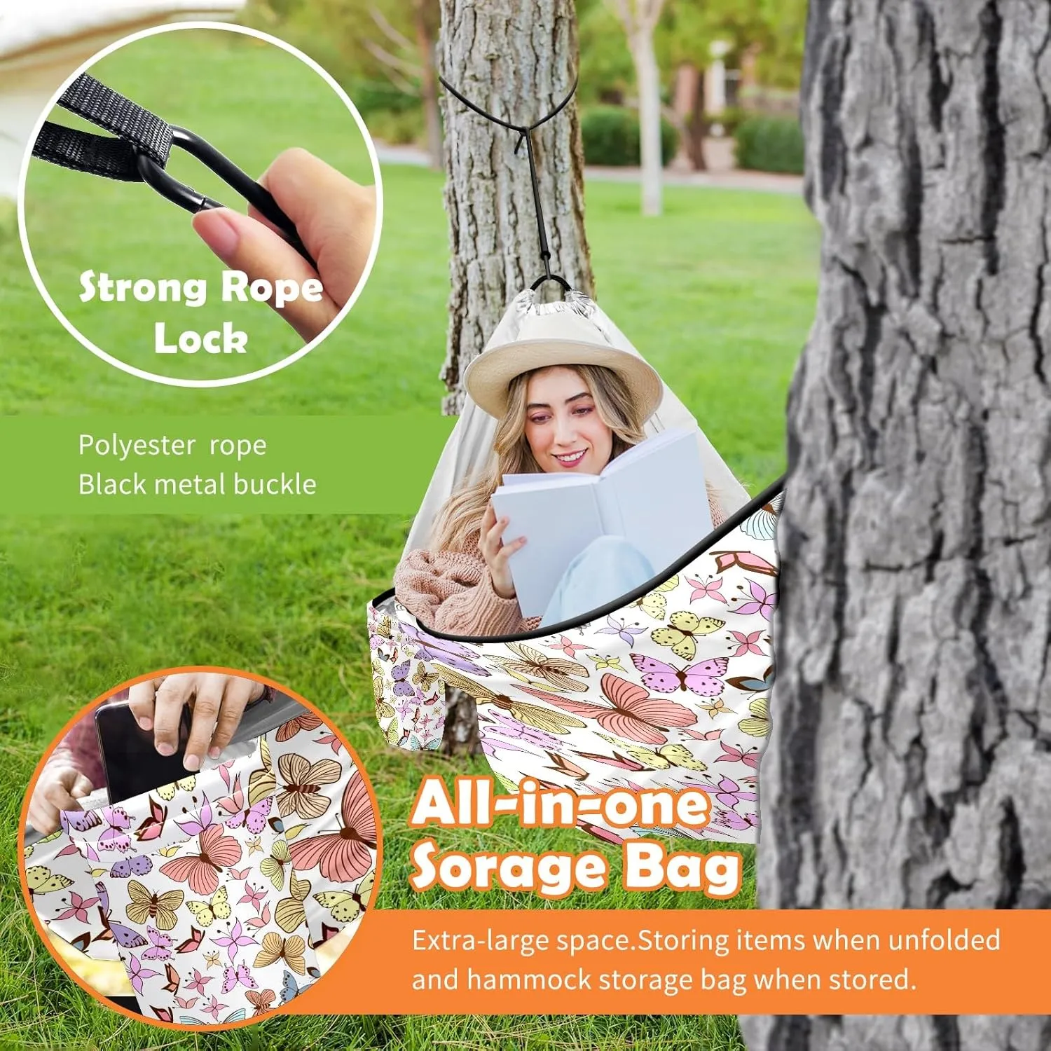 Ultra-Durable Portable Hammock for Camping Outdoor Enthusiasts Lightweight Travel Hammock Quick Setup Garden and Tree Hammock Flower Butterfly Ideal for Backpacking, Hiking & Relaxation