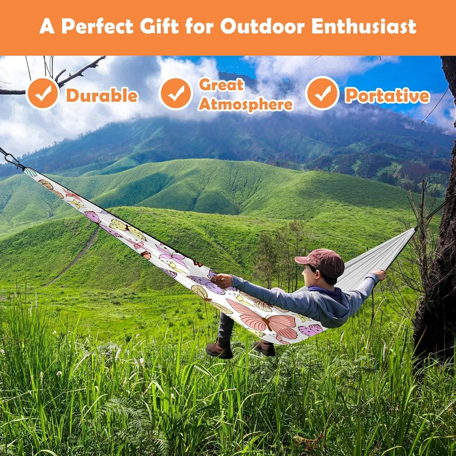 Ultra-Durable Portable Hammock for Camping Outdoor Enthusiasts Lightweight Travel Hammock Quick Setup Garden and Tree Hammock Flower Butterfly Ideal for Backpacking, Hiking & Relaxation