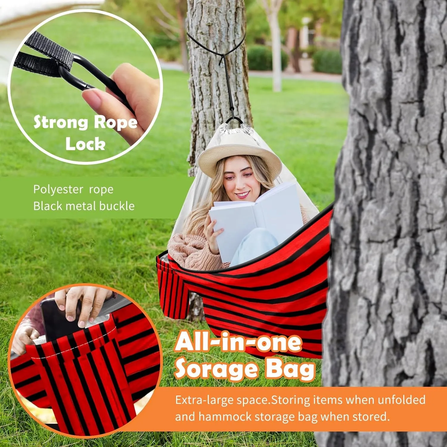 Ultra-Durable Portable Hammock for Camping Outdoor Enthusiasts Lightweight Travel Hammock Quick Setup Garden and Tree Hammock Stripe Ideal for Backpacking, Hiking & Relaxation