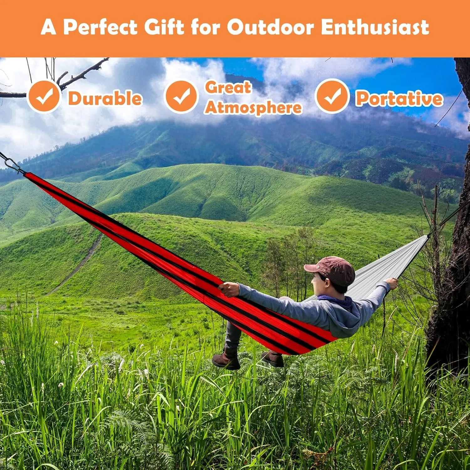 Ultra-Durable Portable Hammock for Camping Outdoor Enthusiasts Lightweight Travel Hammock Quick Setup Garden and Tree Hammock Stripe Ideal for Backpacking, Hiking & Relaxation