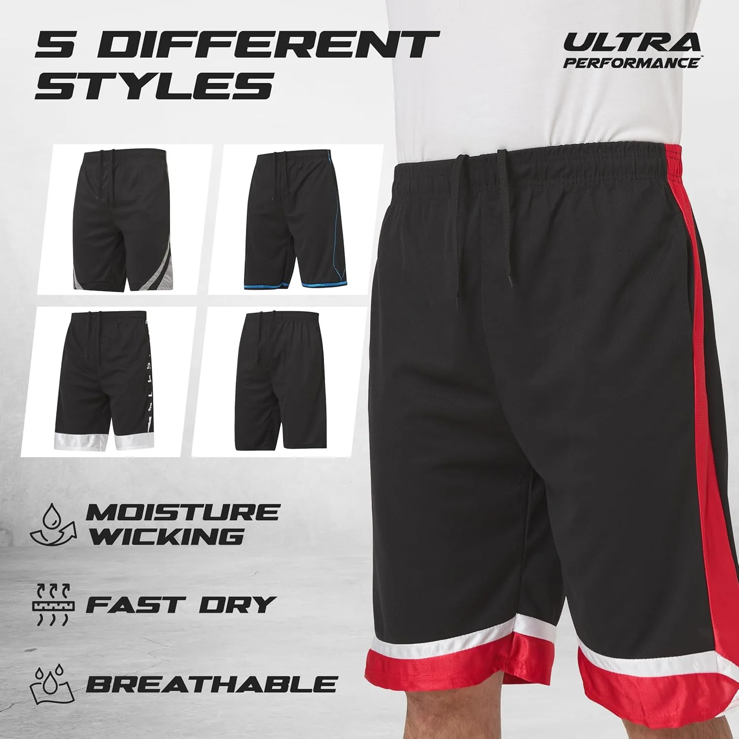 Ultra Performance 5 Pack Mens Shorts, Athletic Gym Shorts Workout Basketball Shorts for Men, SM - 5X