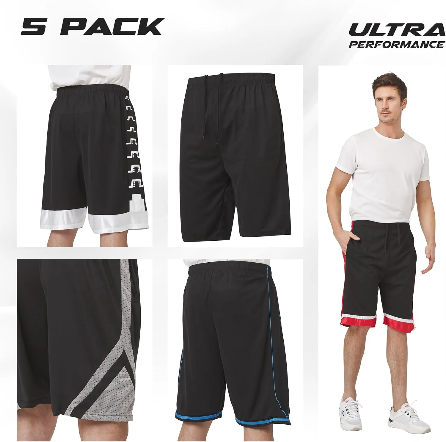 Ultra Performance 5 Pack Mens Shorts, Athletic Gym Shorts Workout Basketball Shorts for Men, SM - 5X