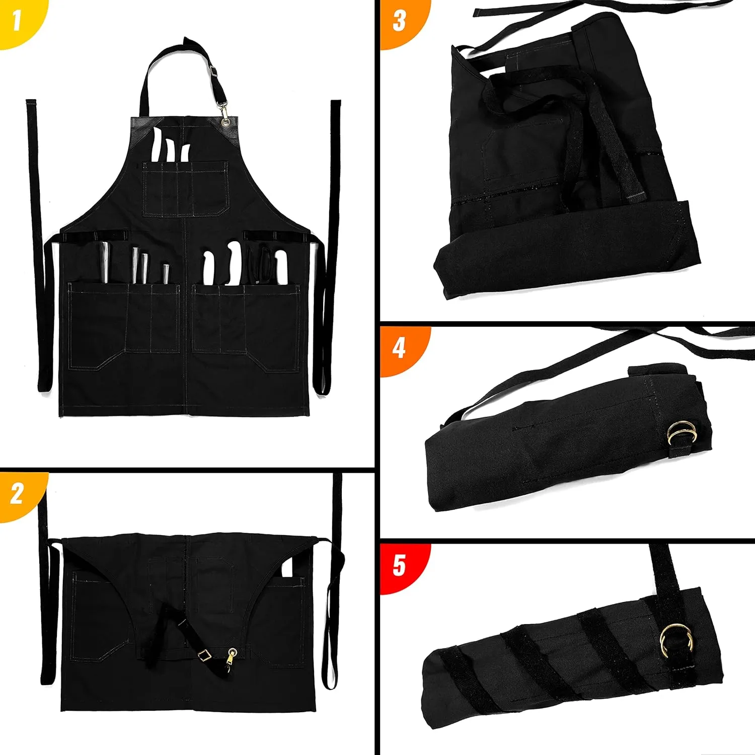 Under NY Sky Knife-Roll Ebony Black Apron – Heavy-Duty Canvas, Leather Reinforcement – Adjustable for Men and Women – Pro Chef, Barbecue, Butcher, Bartender, Woodworker, Tool Aprons