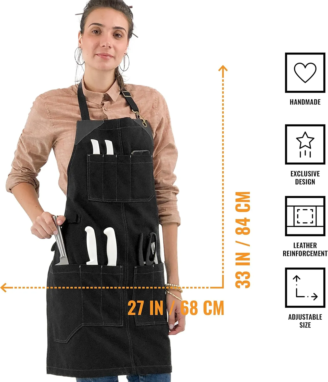 Under NY Sky Knife-Roll Ebony Black Apron – Heavy-Duty Canvas, Leather Reinforcement – Adjustable for Men and Women – Pro Chef, Barbecue, Butcher, Bartender, Woodworker, Tool Aprons