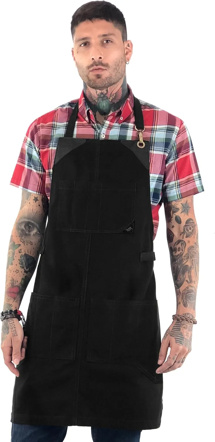 Under NY Sky Knife-Roll Ebony Black Apron – Heavy-Duty Canvas, Leather Reinforcement – Adjustable for Men and Women – Pro Chef, Barbecue, Butcher, Bartender, Woodworker, Tool Aprons