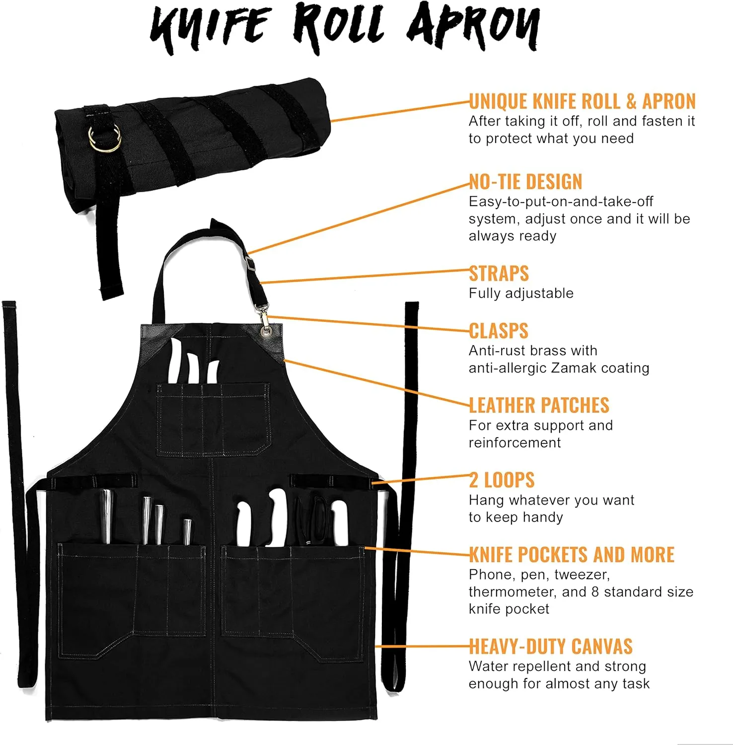 Under NY Sky Knife-Roll Ebony Black Apron – Heavy-Duty Canvas, Leather Reinforcement – Adjustable for Men and Women – Pro Chef, Barbecue, Butcher, Bartender, Woodworker, Tool Aprons
