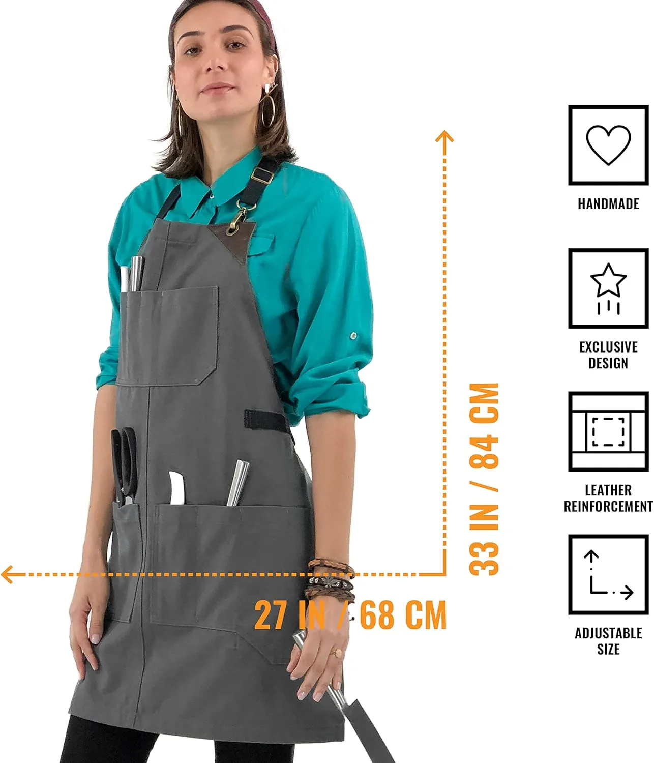 Under NY Sky Knife-Roll Steel Gray Apron – Heavy-Duty Canvas, Leather Reinforcement – Adjustable for Men and Women – Pro Chef, Barbecue, Butcher, Bartender, Woodworker, Tool Aprons