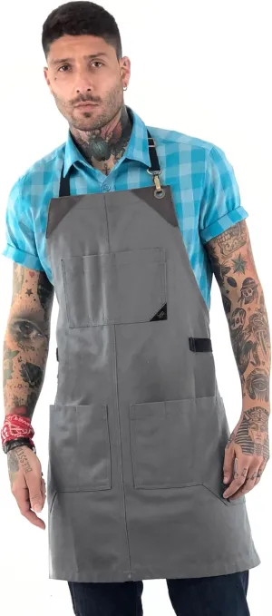 Under NY Sky Knife-Roll Steel Gray Apron – Heavy-Duty Canvas, Leather Reinforcement – Adjustable for Men and Women – Pro Chef, Barbecue, Butcher, Bartender, Woodworker, Tool Aprons