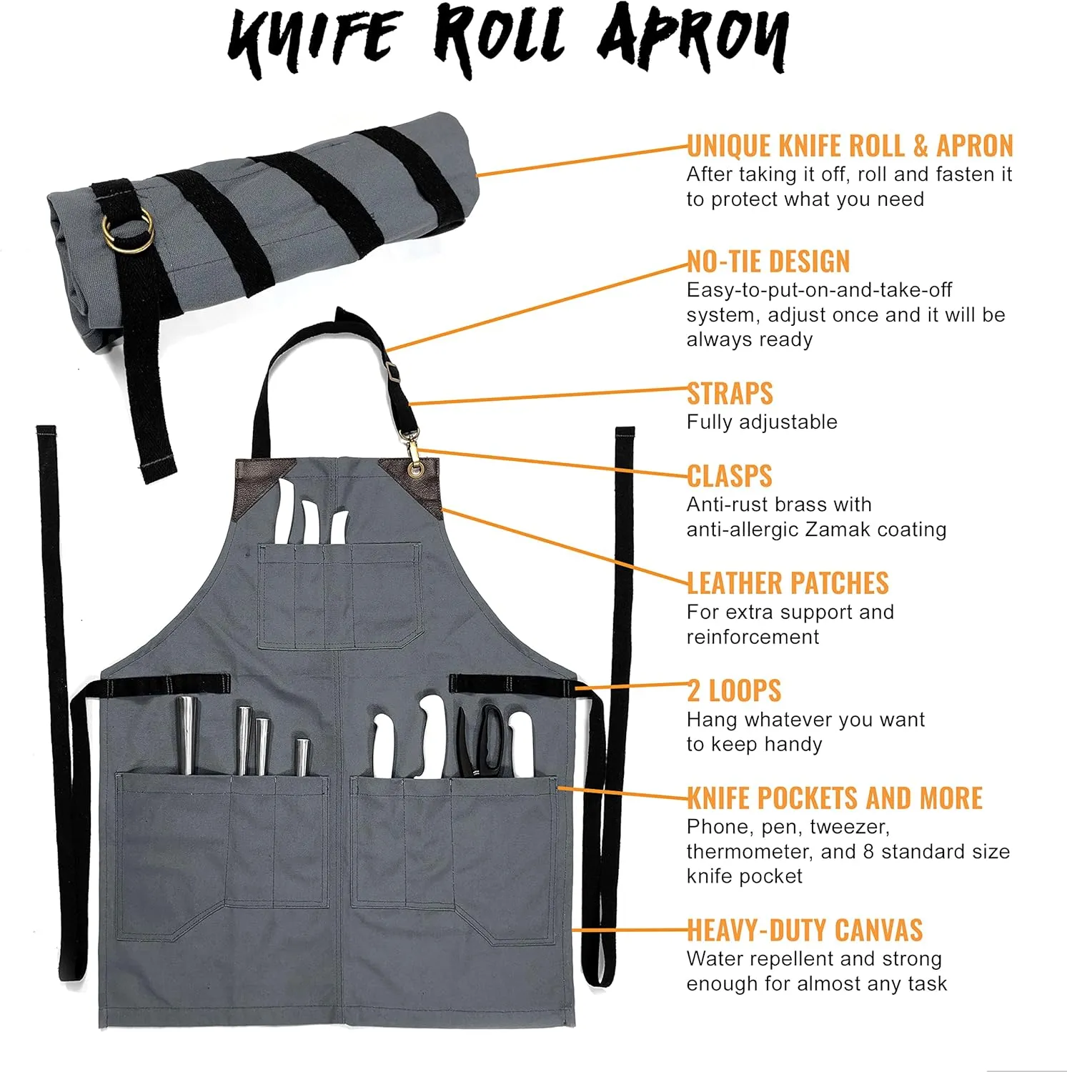 Under NY Sky Knife-Roll Steel Gray Apron – Heavy-Duty Canvas, Leather Reinforcement – Adjustable for Men and Women – Pro Chef, Barbecue, Butcher, Bartender, Woodworker, Tool Aprons