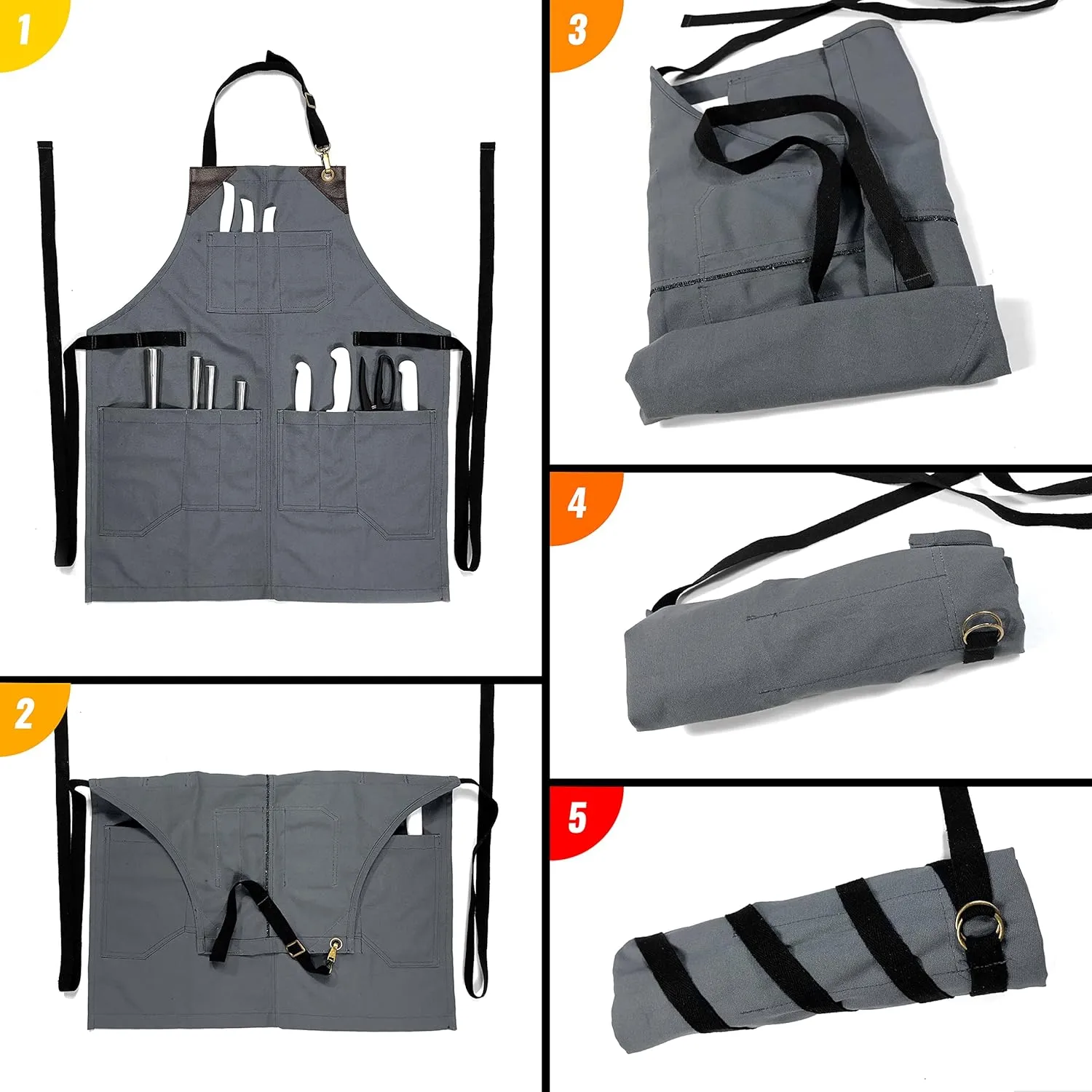 Under NY Sky Knife-Roll Steel Gray Apron – Heavy-Duty Canvas, Leather Reinforcement – Adjustable for Men and Women – Pro Chef, Barbecue, Butcher, Bartender, Woodworker, Tool Aprons