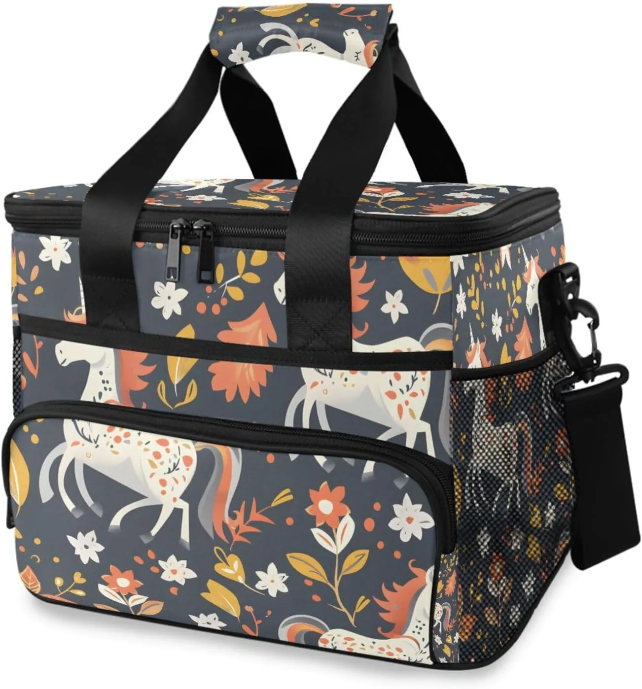 Unicorn White Horse Flwoer Cooler Bag Insulated Cooler Soft Sided Cooler 24 Can Portable Picnic Bag Large Leakproof Lunch Bag Box for Beach Grocery Camping Travel Car Men Women