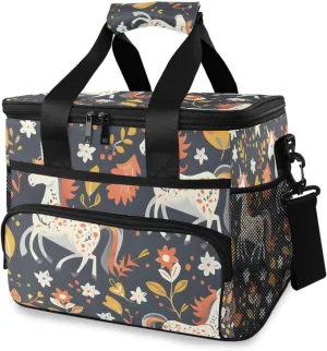Unicorn White Horse Flwoer Cooler Bag Insulated Cooler Soft Sided Cooler 24 Can Portable Picnic Bag Large Leakproof Lunch Bag Box for Beach Grocery Camping Travel Car Men Women