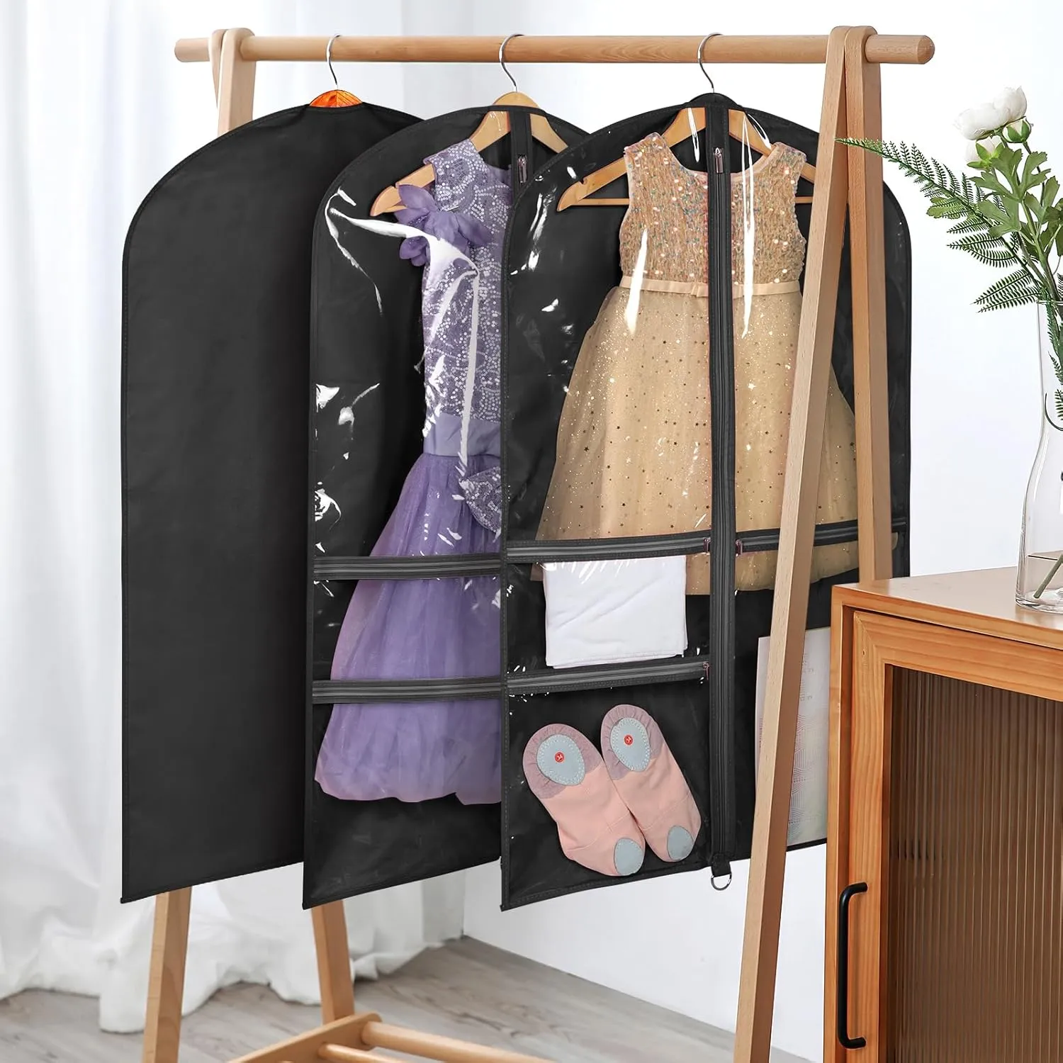 Univivi 40 Inch Kids Dance Costume Garment Bag, Dance Competition Garment Bags for Teens With 3 Medium Clear Zipper Pockets for Storage And Travel (Black) - 8 Pack