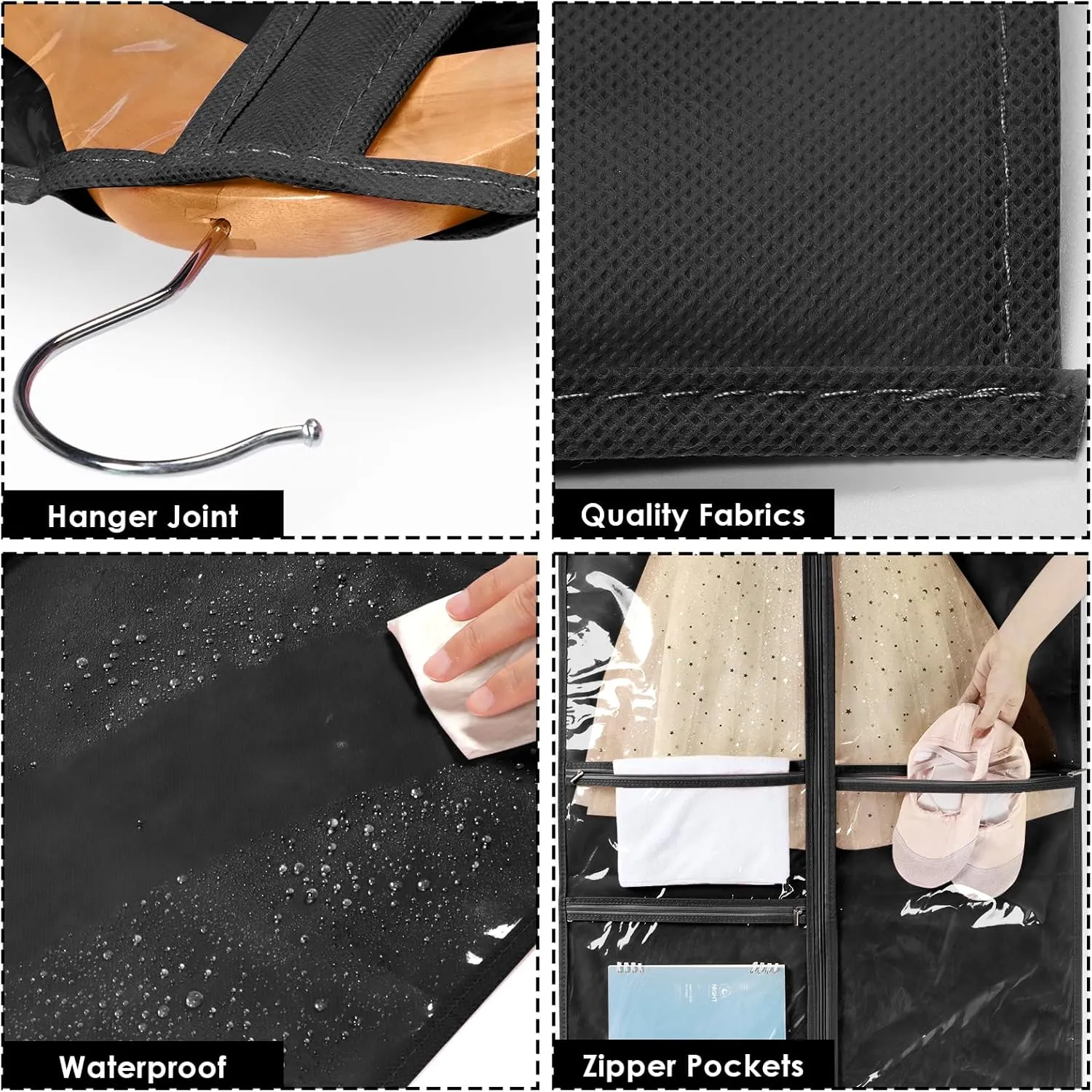 Univivi 40 Inch Kids Dance Costume Garment Bag, Dance Competition Garment Bags for Teens With 3 Medium Clear Zipper Pockets for Storage And Travel (Black) - 8 Pack