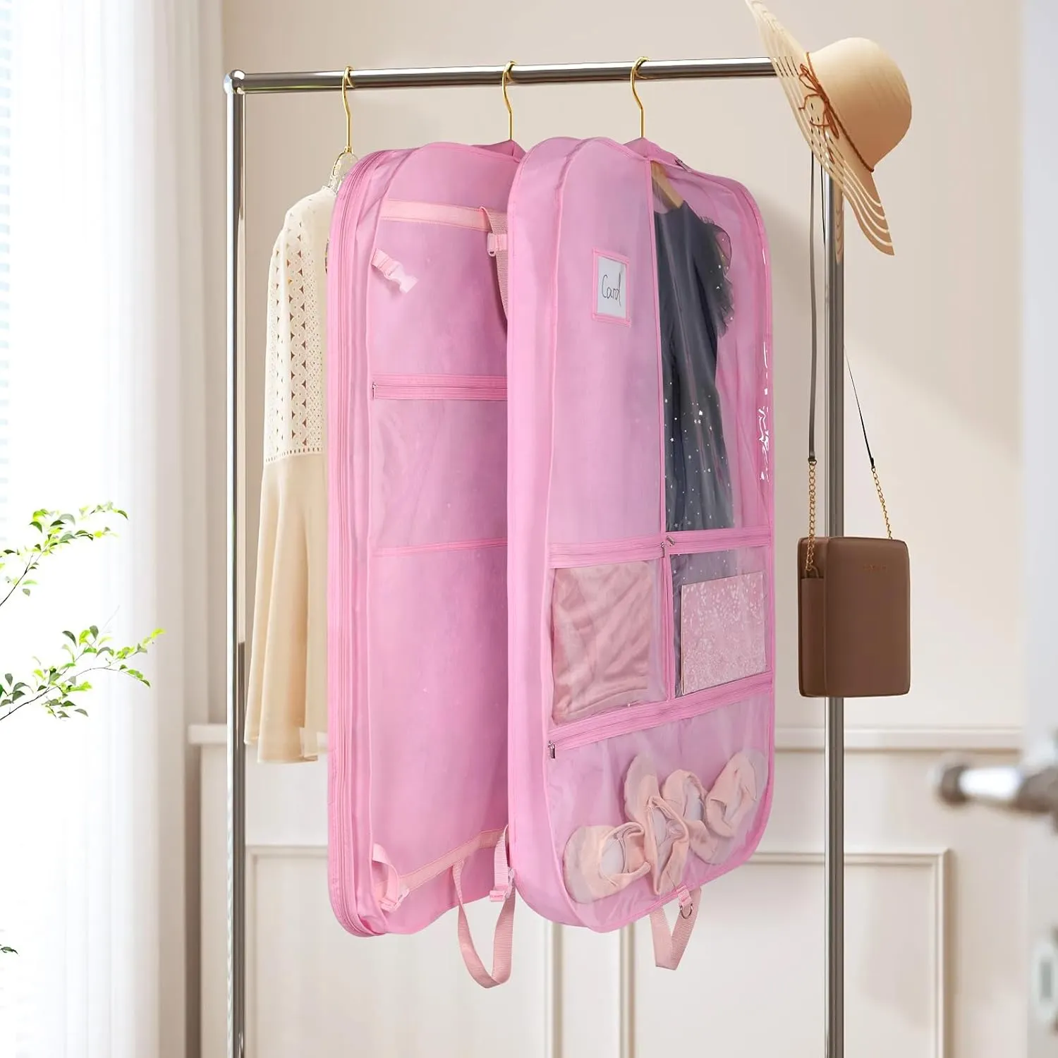 Univivi 40 Inch Kids Garment Bags for Dance Costumes, 3 Medium Clear Zipper Pockets and 2 Back Zippered Pockets for Hanging Clothes, Travel Storage - Pink