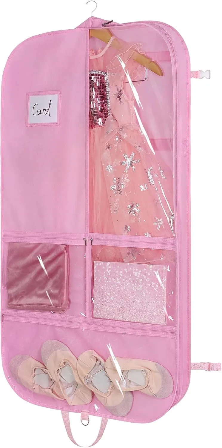 Univivi 40 Inch Kids Garment Bags for Dance Costumes, 3 Medium Clear Zipper Pockets and 2 Back Zippered Pockets for Hanging Clothes, Travel Storage - Pink