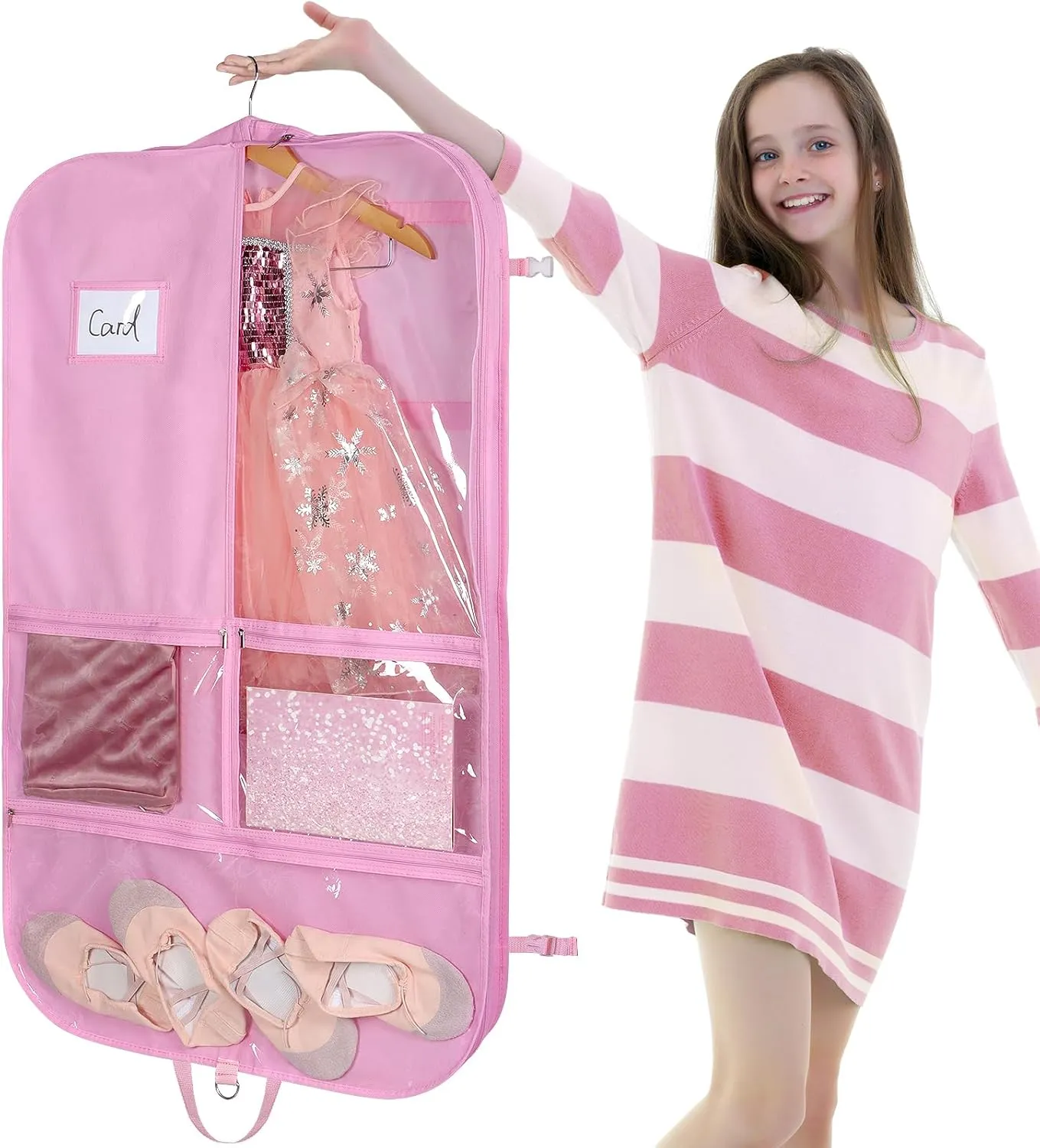 Univivi 40 Inch Kids Garment Bags for Dance Costumes, 3 Medium Clear Zipper Pockets and 2 Back Zippered Pockets for Hanging Clothes, Travel Storage - Pink