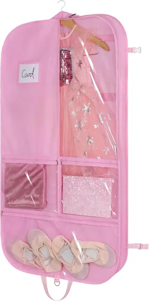 Univivi 40 Inch Kids Garment Bags for Dance Costumes, 3 Medium Clear Zipper Pockets and 2 Back Zippered Pockets for Hanging Clothes, Travel Storage - Pink