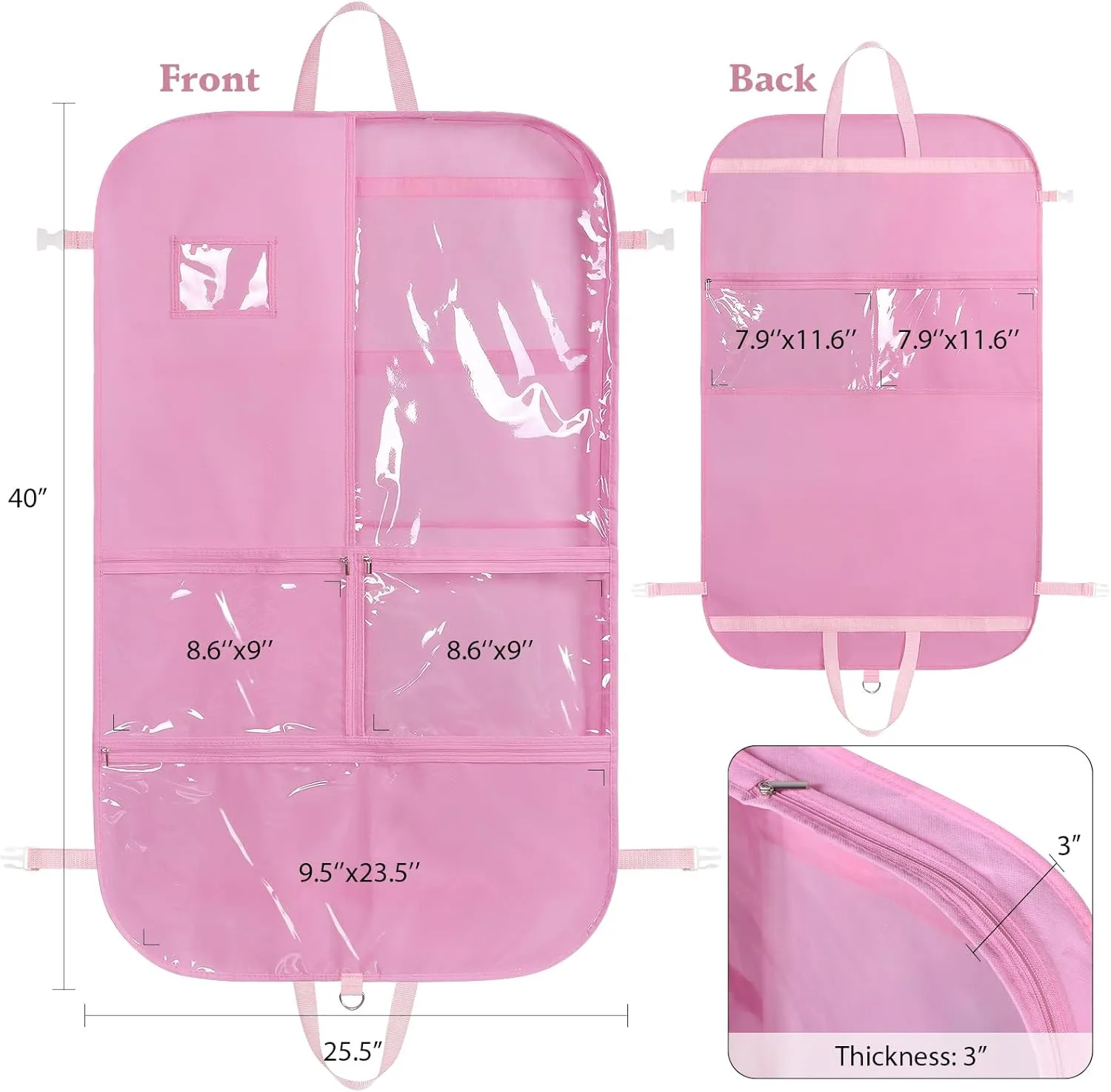 Univivi 40 Inch Kids Garment Bags for Dance Costumes, 3 Medium Clear Zipper Pockets and 2 Back Zippered Pockets for Hanging Clothes, Travel Storage - Pink