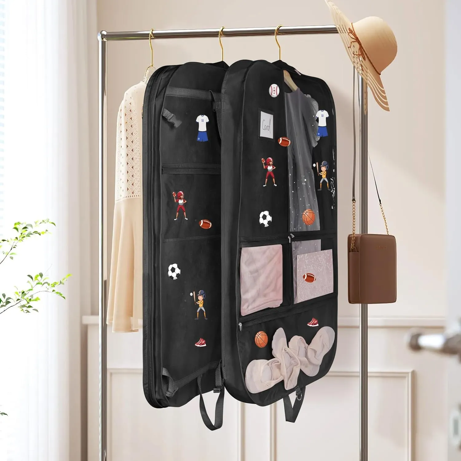 Univivi 40" Dance Costume Garment Bag for Dancers, Foldable Dance Garment Bag with 5 x Pockets & 2 x Sport Stickers Ideal for Dance Competition and Costumes Storage - Black