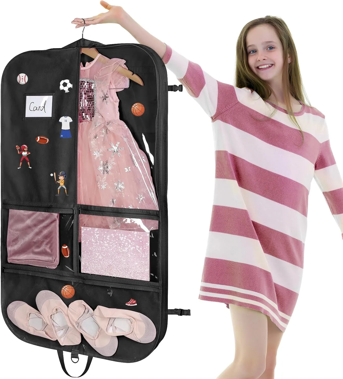 Univivi 40" Dance Costume Garment Bag for Dancers, Foldable Dance Garment Bag with 5 x Pockets & 2 x Sport Stickers Ideal for Dance Competition and Costumes Storage - Black