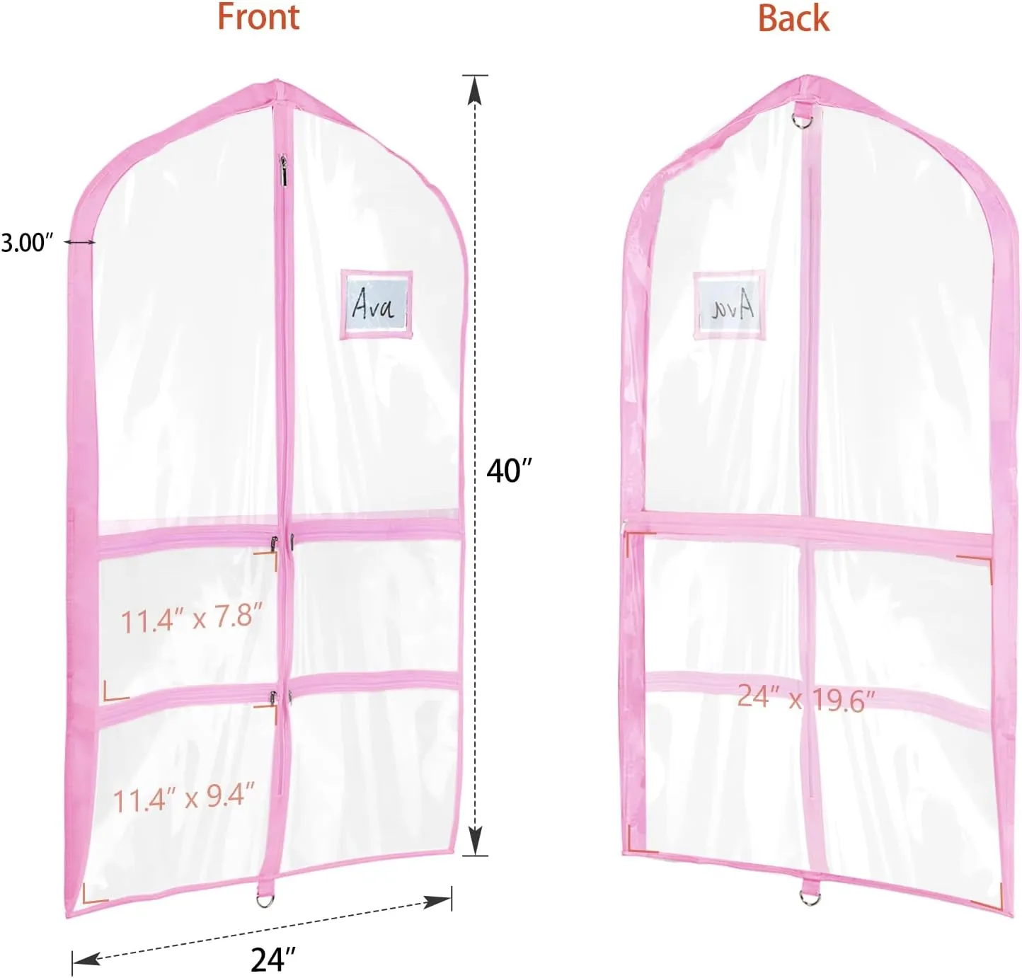 Univivi Clear Pink PVC Dance Costume Bags (12 Pack) Garment Bag 40 Inch for Dance Competitions, with 4 Medium Clear Zipper Pockets and 1 Large Back Zippered Pocket [Upgraded Version]