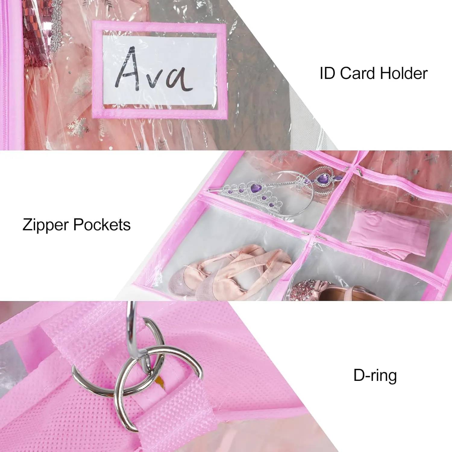 Univivi Clear Pink PVC Dance Costume Bags (12 Pack) Garment Bag 40 Inch for Dance Competitions, with 4 Medium Clear Zipper Pockets and 1 Large Back Zippered Pocket [Upgraded Version]