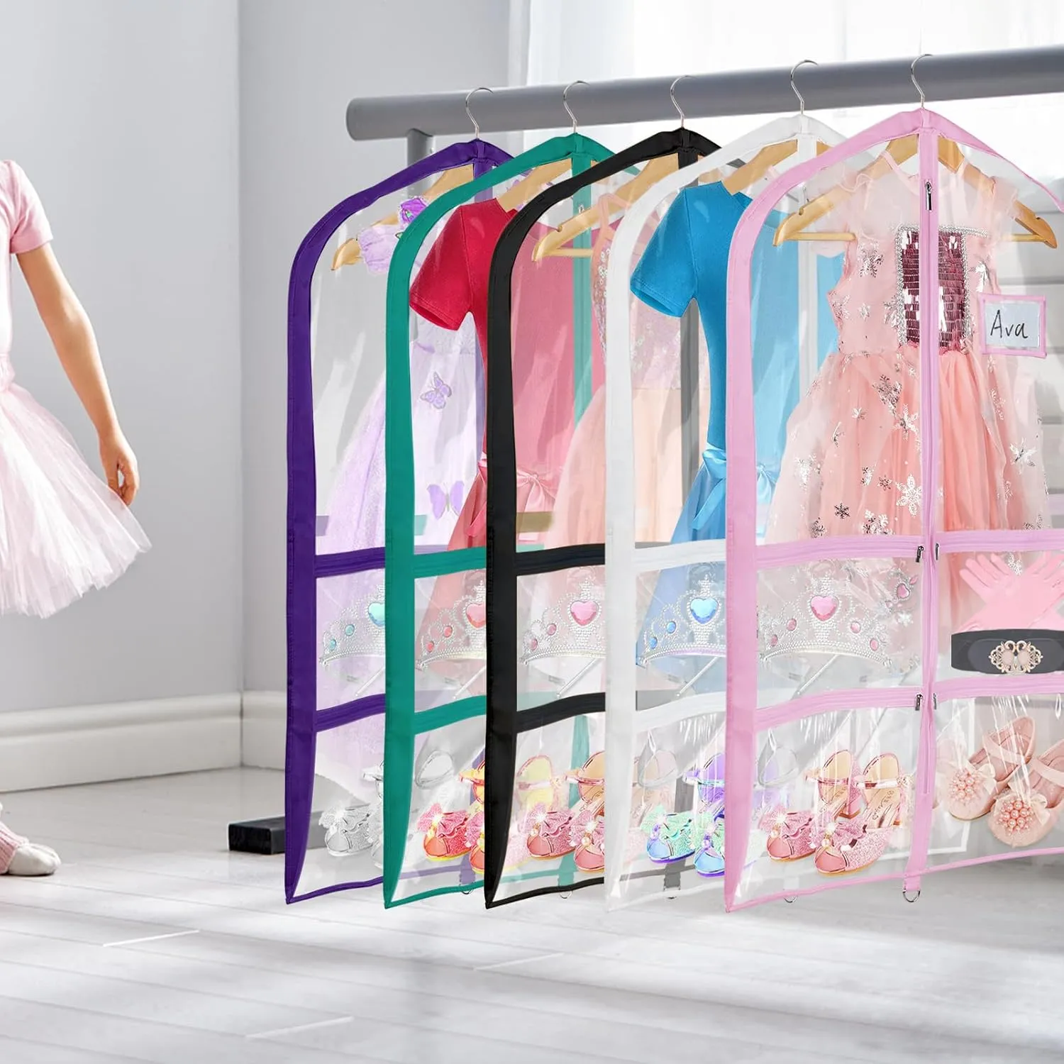 Univivi Clear Pink PVC Dance Costume Bags (12 Pack) Garment Bag 40 Inch for Dance Competitions, with 4 Medium Clear Zipper Pockets and 1 Large Back Zippered Pocket [Upgraded Version]