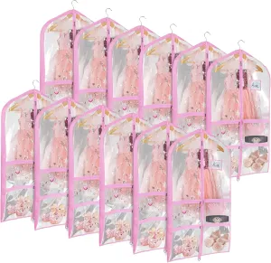 Univivi Clear Pink PVC Dance Costume Bags (12 Pack) Garment Bag 40 Inch for Dance Competitions, with 4 Medium Clear Zipper Pockets and 1 Large Back Zippered Pocket [Upgraded Version]