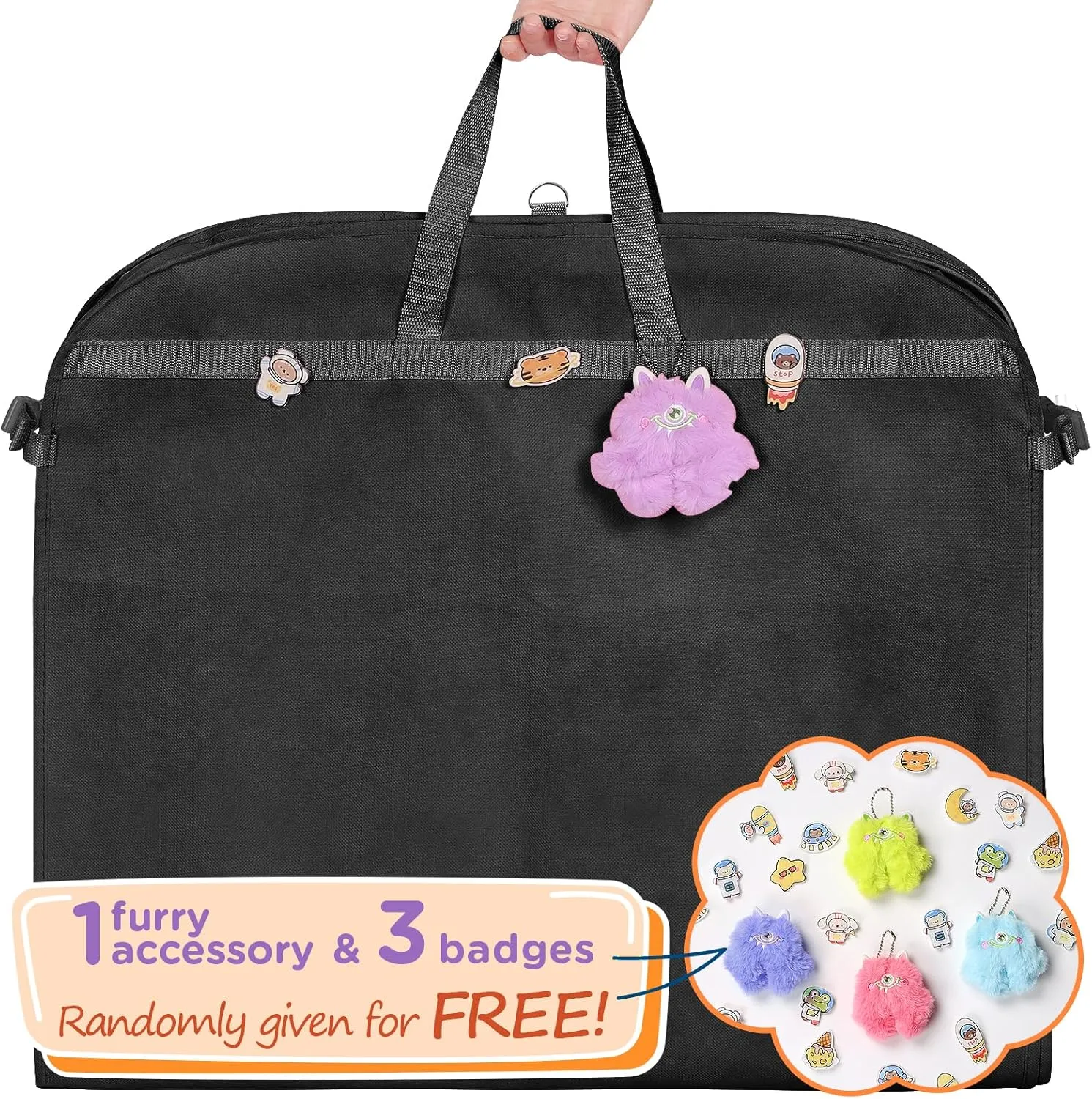 Univivi Costume Garment Bags for Dancers, 50 Inch Dance Competition Costume Bag, 3 Medium Clear Zipper Pockets and 2 Back Zippered Pockets with 1 xPendant, 3 x Badge - Black