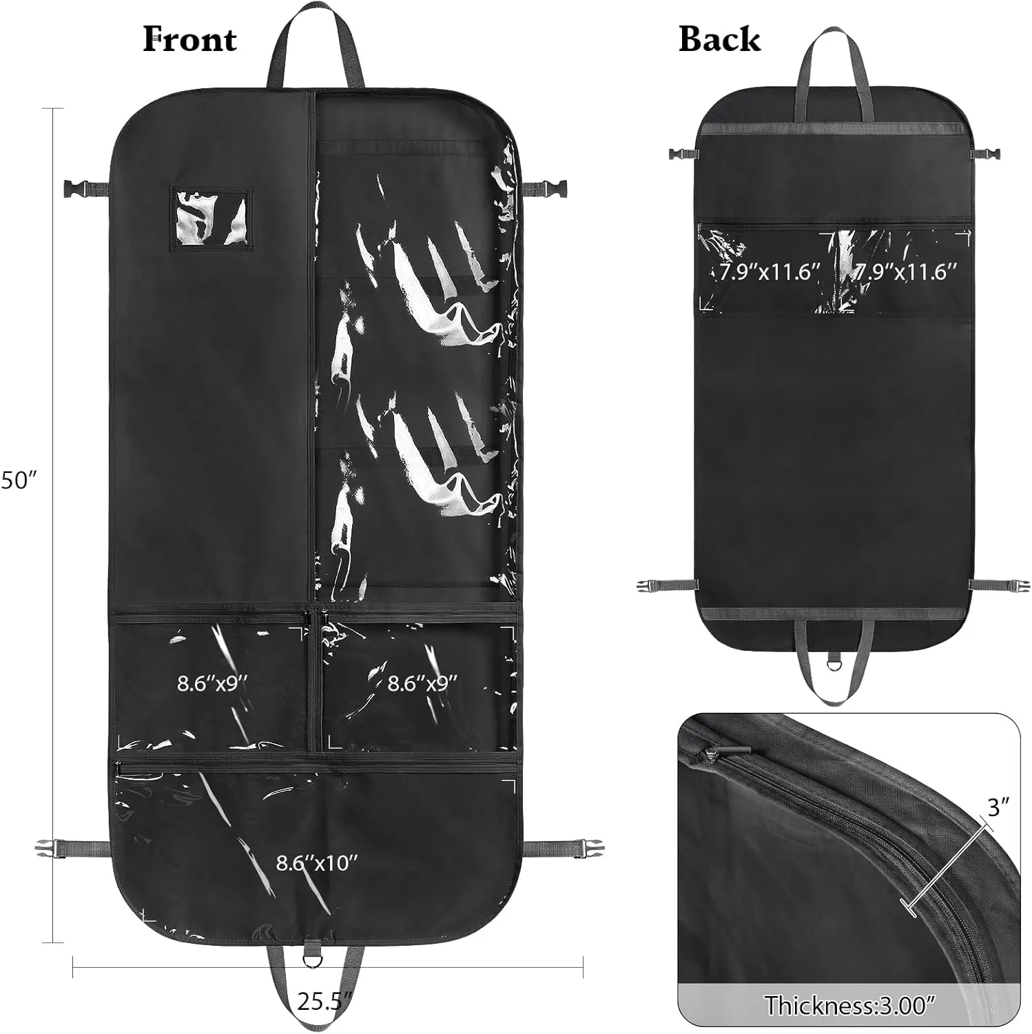 Univivi Costume Garment Bags for Dancers, 50 Inch Dance Competition Costume Bag, 3 Medium Clear Zipper Pockets and 2 Back Zippered Pockets with 1 xPendant, 3 x Badge - Black