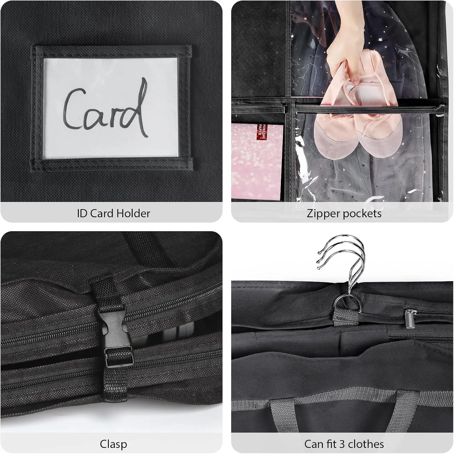 Univivi Costume Garment Bags for Dancers, 50 Inch Dance Competition Costume Bag, 3 Medium Clear Zipper Pockets and 2 Back Zippered Pockets with 1 xPendant, 3 x Badge - Black